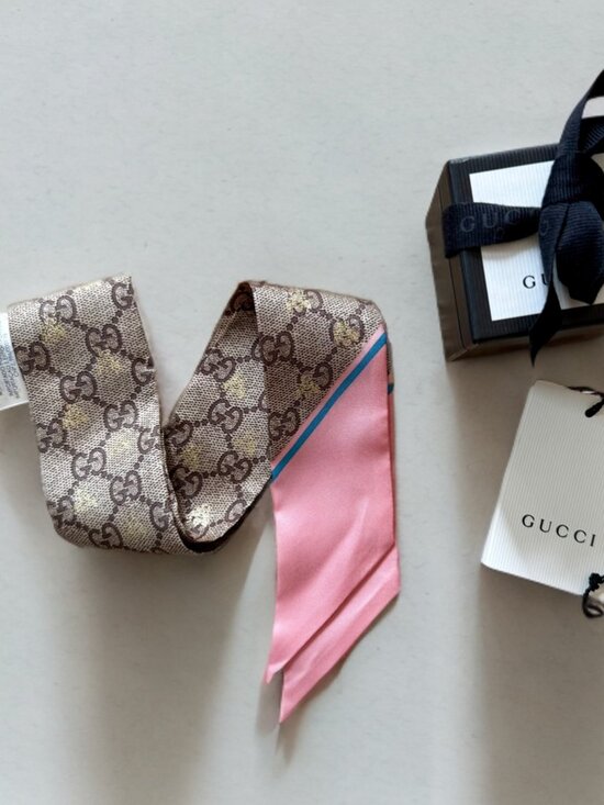 Gucci Accessories - Gucci Gold Beige GG Supreme Monogram Bee Neck Bow Silk Scarf